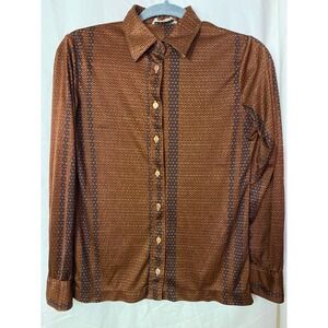 Vintage Wayne Rogers Brown Geometric Print Button Down Shirt 70s Disco Top